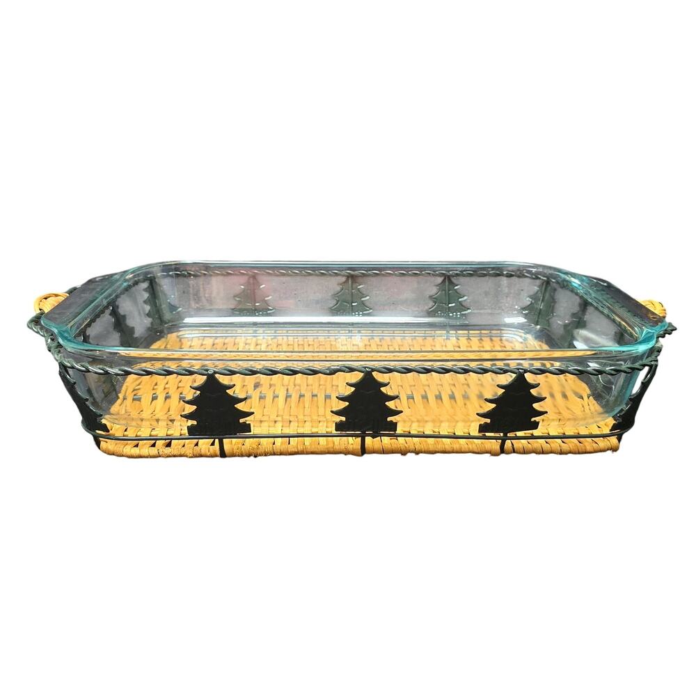 Pyrex 3 Quart Oblong Baking Dish + Metal Wicker Evergreen Tree Serve Ware Tray